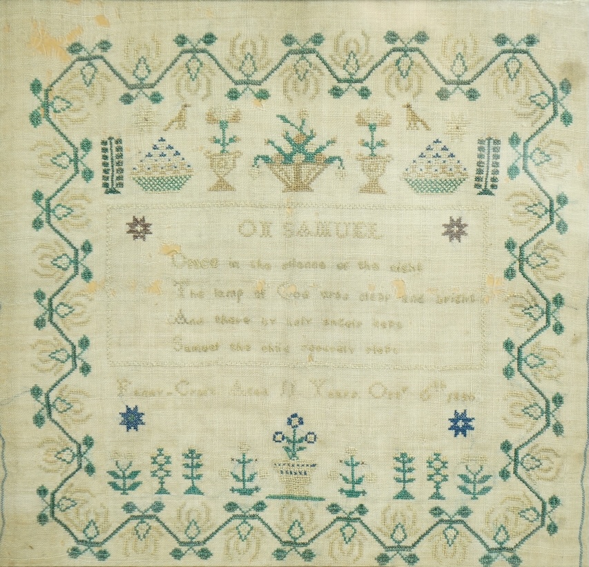 An 18th century sampler dated 1797 by Ann Howse, worked with fine floral garland and a large embroidered flower and verse within, together with two 19th century samplers, one by Anna Kemp age 8 years dated 1835, the othe